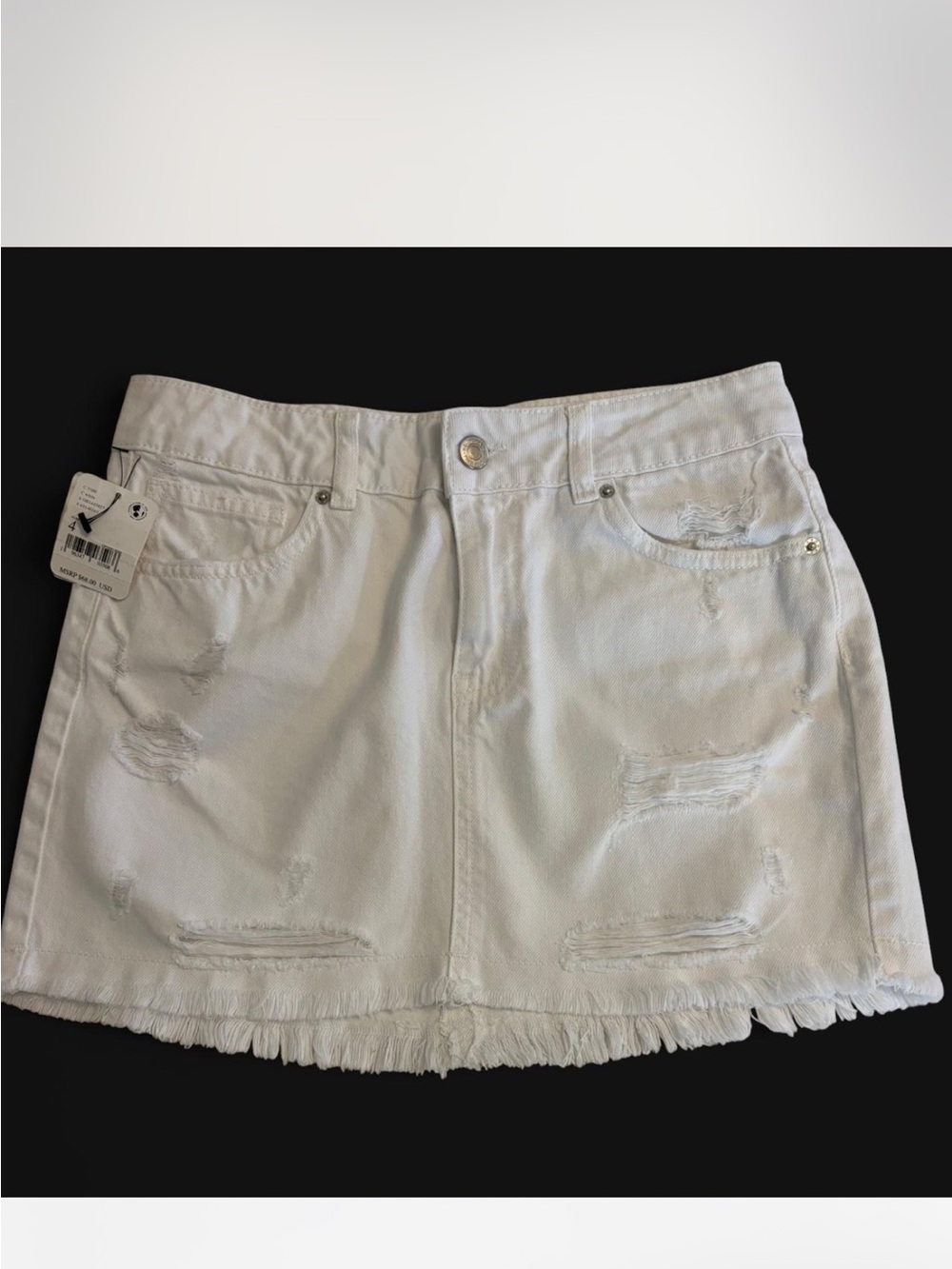 We the Free White Distressed Denim Mini Skirt